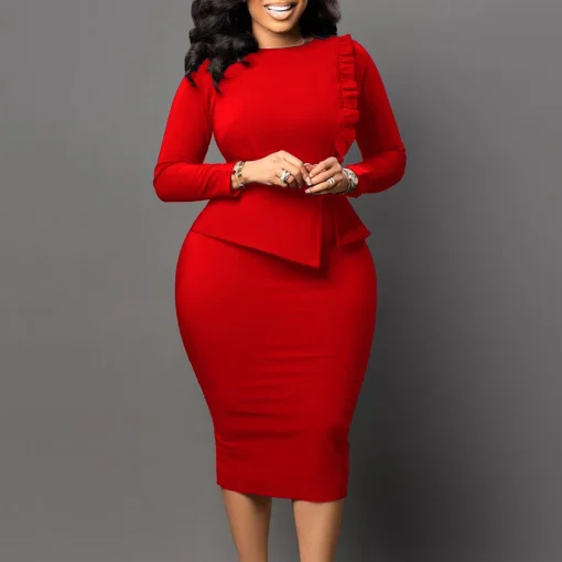 Round Neck Sleeve Bodycon Dress - Elegant Mid-Calf Formal Wear