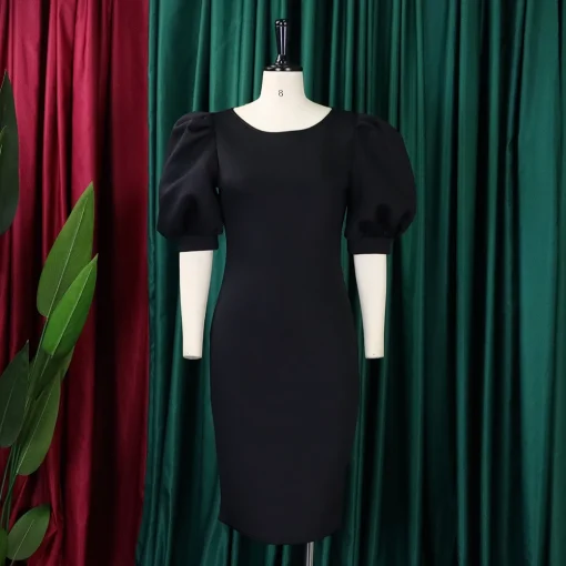 Round Neck Bodycon Dress - Elegant, Puff Sleeve, Knee Length - Image 2