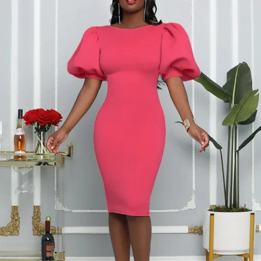 Solid Puff Sleeve Bodycon: Elegant, Mid-Calf, Formal Business Dress