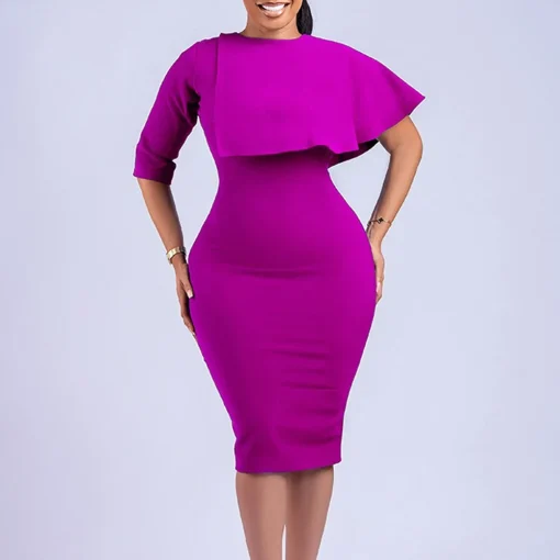 Round Neck Bodycon: Elegant Short Sleeve, Solid, Professional Midi Dress