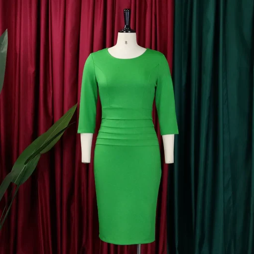 Elegant Three-Quarter Sleeve Bodycon: Round Neck, Mid-Calf Business Dress - Image 2