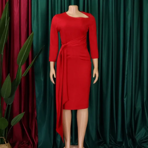 Chic Bodycon Dress: Skew Collar, Full Sleeve, Belted, Package Hips - Image 2