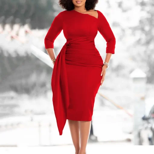 Chic Bodycon Dress: Skew Collar, Full Sleeve, Belted, Package Hips