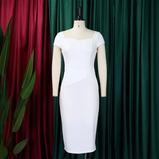 Square Neck Bodycon Dress - Elegant Short Sleeve, Formal Business - Image 2