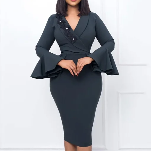 Elegant V-Neck Bodycon: Embroidery, Flare Sleeve, Business Chic