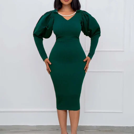 African Business Bodycon Dress: V-Neck, Full Sleeve, Elegant Midi