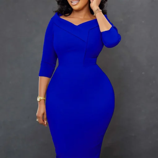 Professional V-Neck Bodycon: Elegant Full Sleeve, Mid-Calf Business Dress