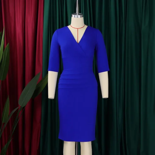 V-Neck Full Sleeve Bodycon: Elegant Mid-Calf Professional Business Dress - Image 2