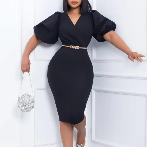 V-Neck Bodycon Dress: Elegant, Short Sleeve, Professional Business Attire - Image 2