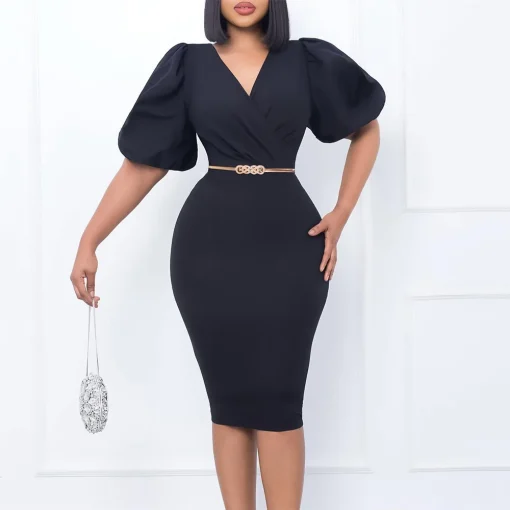 V-Neck Bodycon Dress: Elegant, Short Sleeve, Professional Business Attire