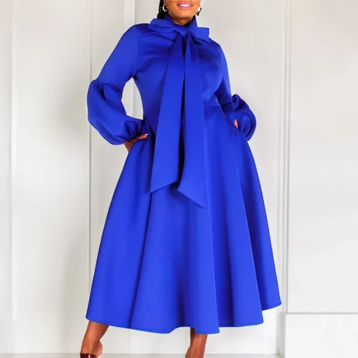 Bow Collar A-Line Dress: Elegant, Full Sleeve, Pleated Luxury Wear