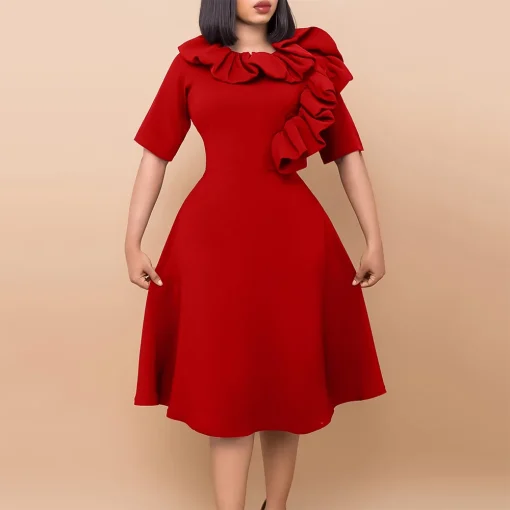 Ruffled Sleeve A-Line Dress - Elegant Round Neck, Formal Business