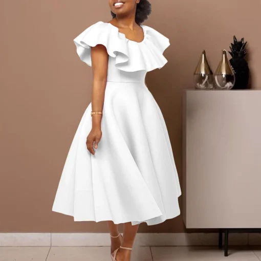 Ruffled Sleeve Dress - Elegant Round Neck, High-Waisted, Pleated Luxury