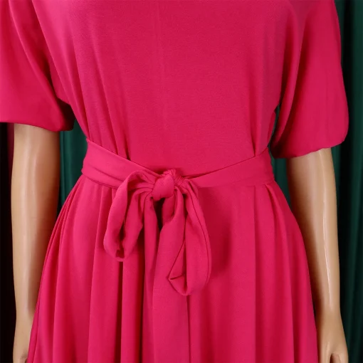 Asymmetric Belted Dress: Elegant Round Neck, Short Sleeve, Mid-Calf - Image 6