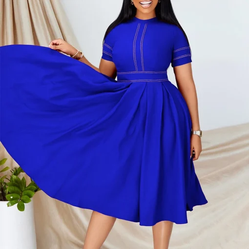 Pleated A-Line Midi Dress - Elegant Round Neck, Office Business Wear