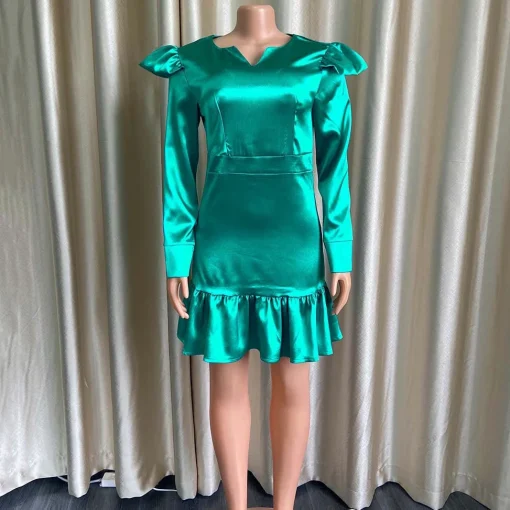 Satin Ruffles Dress: Elegant Round Neck, Full Sleeve, Knee-Length Luxury - Image 3