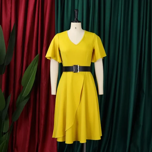 Chic V-Neck Ruffle Sleeve Dress: Belted, Knee-Length, Party Elegance - Image 2