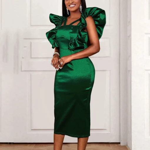 Green Bodycon Dress: Elegant Square Neck, Ruffles, High Quality - Image 2