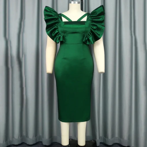 Green Bodycon Dress: Elegant Square Neck, Ruffles, High Quality - Image 3