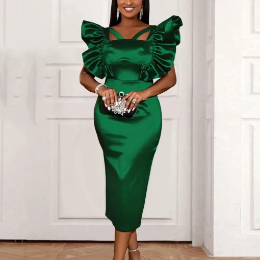 Green Bodycon Dress: Elegant Square Neck, Ruffles, High Quality