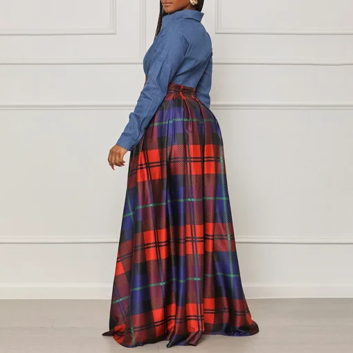 Red Plaid Patchwork Jeans Dress: Elegant Ankle-Length Women's Birthday Outfit - Image 3