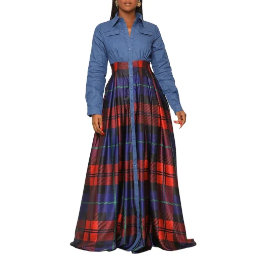 Red Plaid Patchwork Jeans Dress: Elegant Ankle-Length Women's Birthday Outfit - Image 5