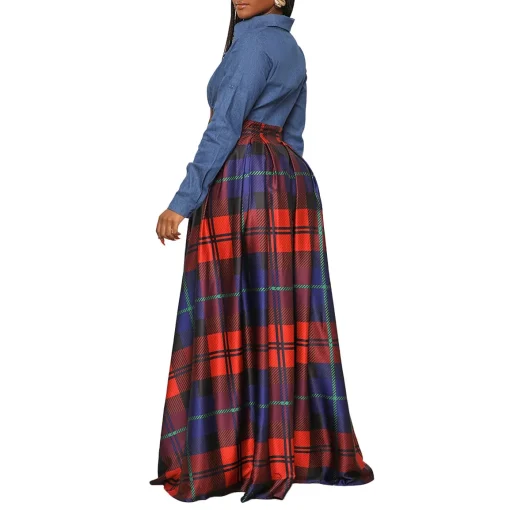 Red Plaid Patchwork Jeans Dress: Elegant Ankle-Length Women's Birthday Outfit - Image 6