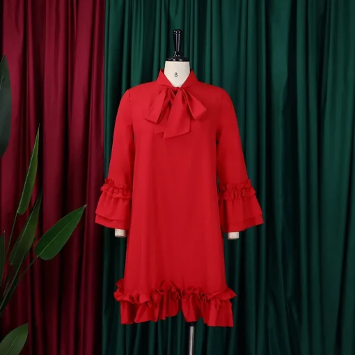 Elegant Bow Collar Office Dress: Full Sleeve, Ruffles, Knee Length - Image 2