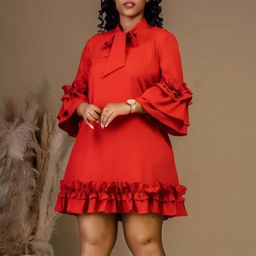 Elegant Bow Collar Office Dress: Full Sleeve, Ruffles, Knee Length