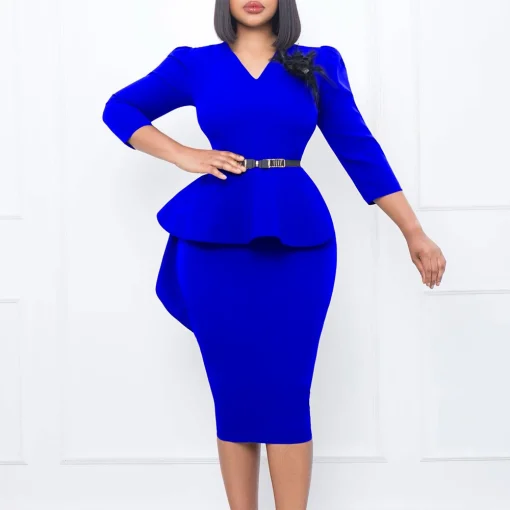 Chic Office Ladies Bodycon Dress: V-Neck, Belted, Three-Quarter Sleeve