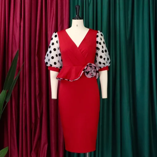 Polka Dot Sheath Dress: Elegant V-Neck, Package Hips, Mid-Calf - Image 2