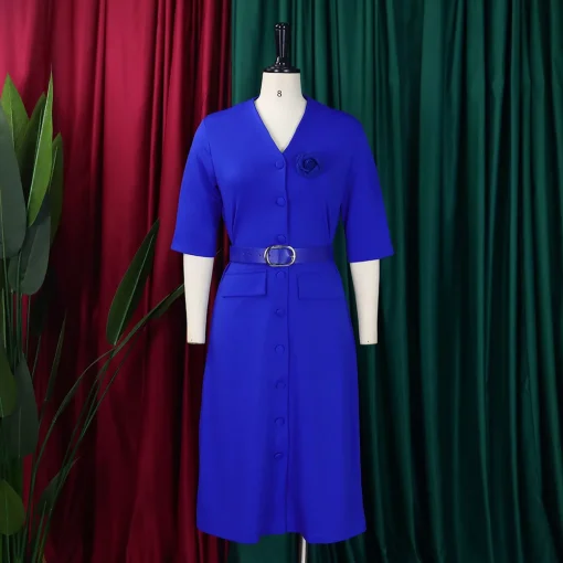 V-Neck Office Dress: Elegant Half Sleeve, A-Line, Belted, Buttons - Image 2