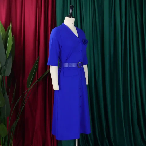 V-Neck Office Dress: Elegant Half Sleeve, A-Line, Belted, Buttons - Image 3