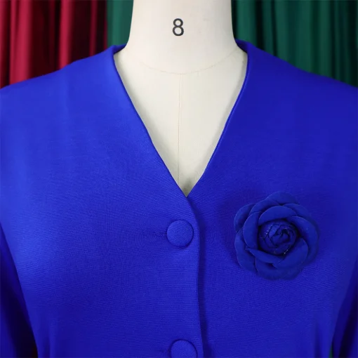 V-Neck Office Dress: Elegant Half Sleeve, A-Line, Belted, Buttons - Image 5