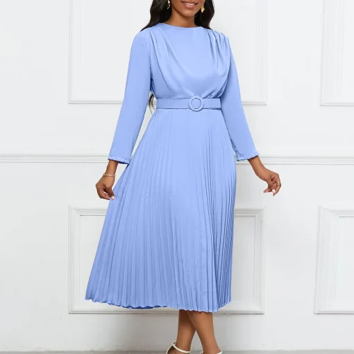 Chic Office Dress: Round Neck, Full Sleeve, Belted, Mid-Calf Length