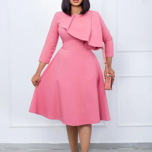 Pleated Round Neck Office Dress: Elegant, Professional Workwear