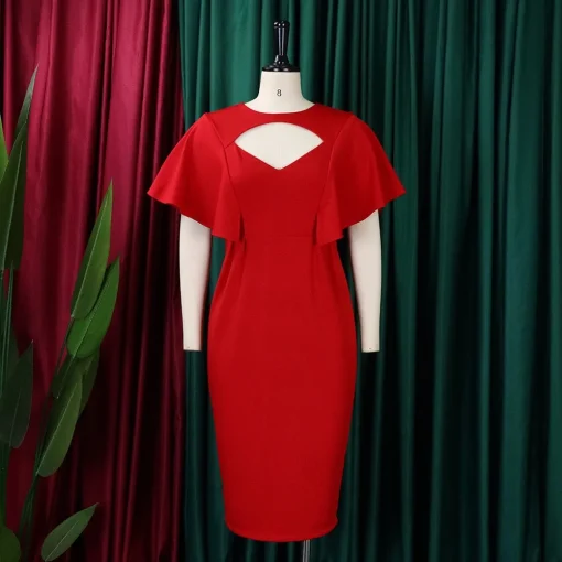 Elegant Office Dress: Round Neck, Hollow Out, Ruffles Sleeve - Image 3