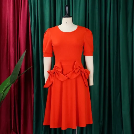 Bow Collar A-Line Dress: Elegant Round Neck, Short Sleeve - Image 2