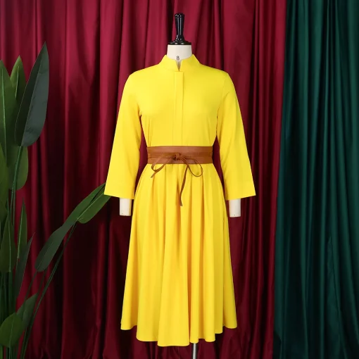 Elegant Office A-Line Dress: Round Neck, Three-Quarter Sleeve, Belted - Image 2