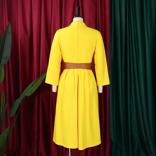 Elegant Office A-Line Dress: Round Neck, Three-Quarter Sleeve, Belted - Image 4