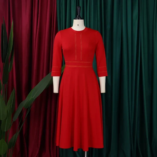 Chic Office Dress: Elegant, 3/4 Sleeve, A-Line, High Waist - Image 3