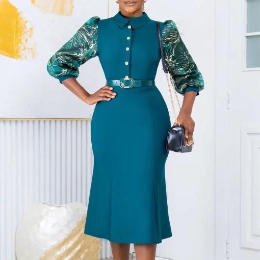 Chic Office Ladies Midi Dress: Turn Down Collar, Full Sleeve, Belted - Image 2