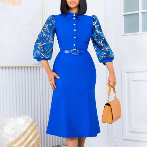 Chic Office Ladies Midi Dress: Turn Down Collar, Full Sleeve, Belted - Image 4