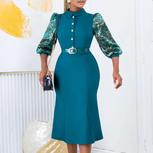 Chic Office Ladies Midi Dress: Turn Down Collar, Full Sleeve, Belted