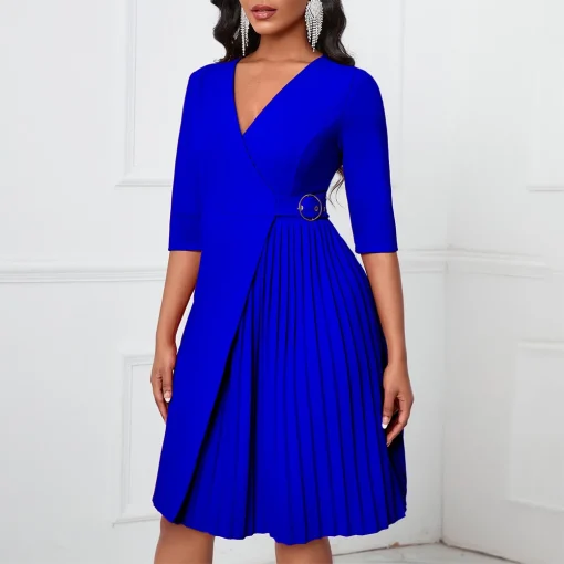 Elegant V-Neck Belted Dress: Half Sleeve, Mid-Calf Business Attire