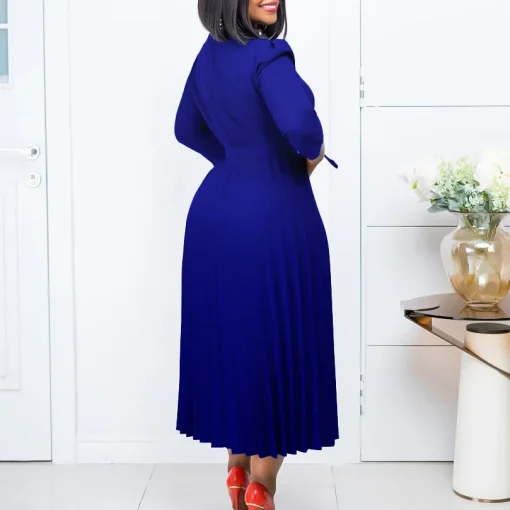 V-Neck Pleated Dress: Elegant, Belted, Mid-Calf Office Attire - Image 2