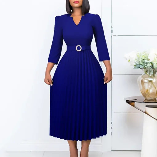 V-Neck Pleated Dress: Elegant, Belted, Mid-Calf Office Attire