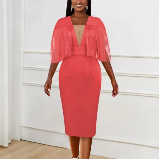 Pink Bodycon Party Dress with V-Neck and Tassel Detail