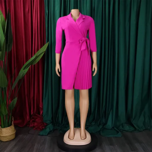 Elegant Pleated Blazer Dress: Notched Collar, Belted, Knee-Length - Image 2