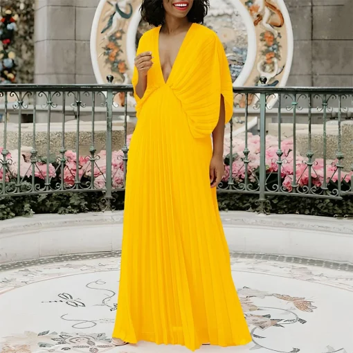 Deep V-Neck Pleated Dress: Elegant Floor-Length for Sexy Events